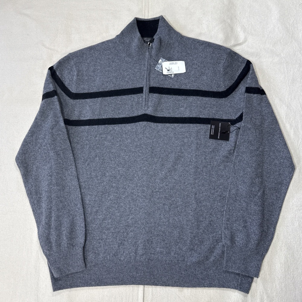 Saks Fifth Avenue Cashmere Sweater Mens XXL Stone Grey Striped Mock Neck 1/4 Zip